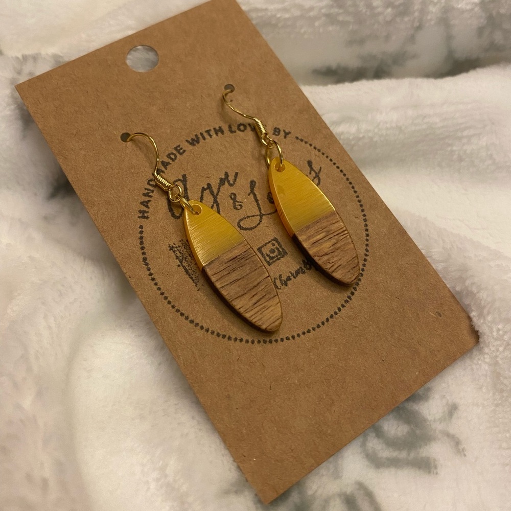 Yellow Oval Resin and Wood Earring